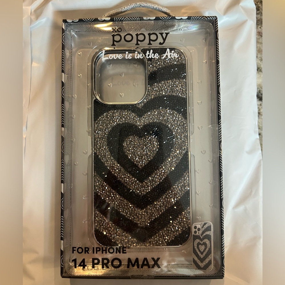 Poppy Black and Silver Glitter Heart  iPhone 14 PRO MAX (MagSafe Compatible)